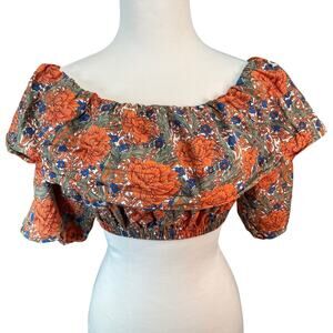 Zara Women's Blue Orange Multicolor Floral Flowers Print Bohemian‎ Crop Top M